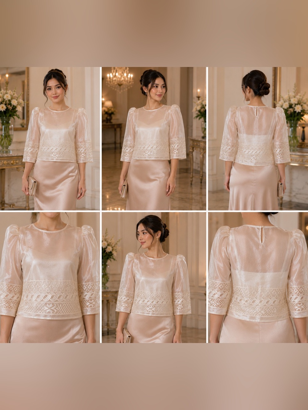 Filipiniana Mestiza Elegant Ivory Organza Puff-Sleeve Blouse